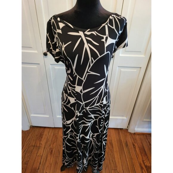 Black/White Bold Print Midi Dress Leaf Print sz XL Minimalist Avant Garde Artsy - Picture 3 of 6